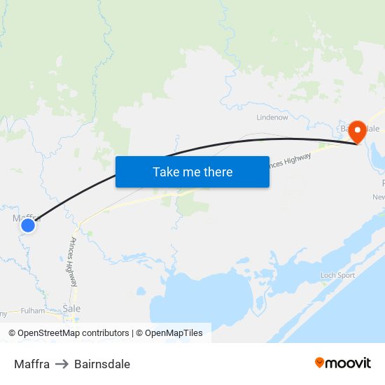 Maffra to Bairnsdale map