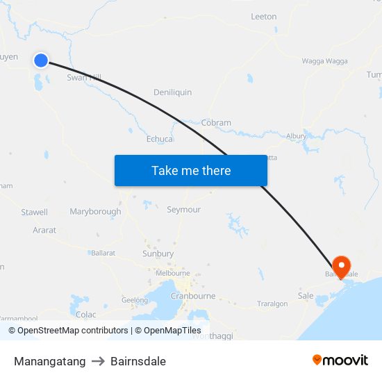 Manangatang to Bairnsdale map