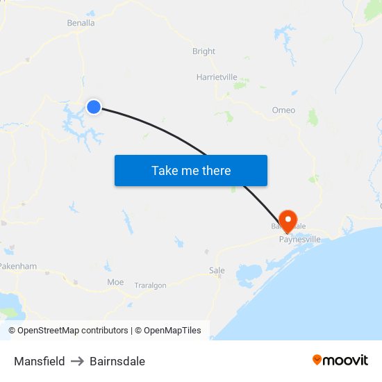 Mansfield to Bairnsdale map