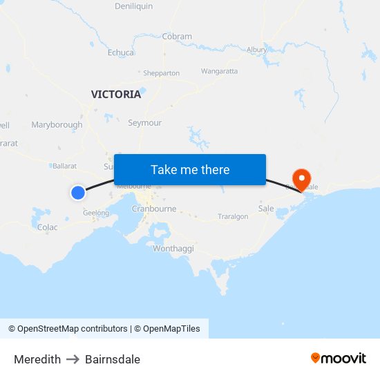 Meredith to Bairnsdale map