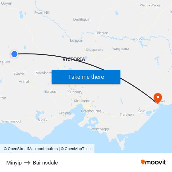 Minyip to Bairnsdale map