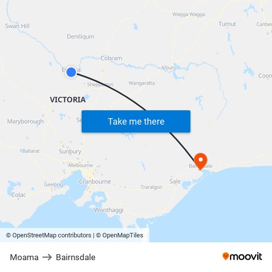 Moama to Bairnsdale map