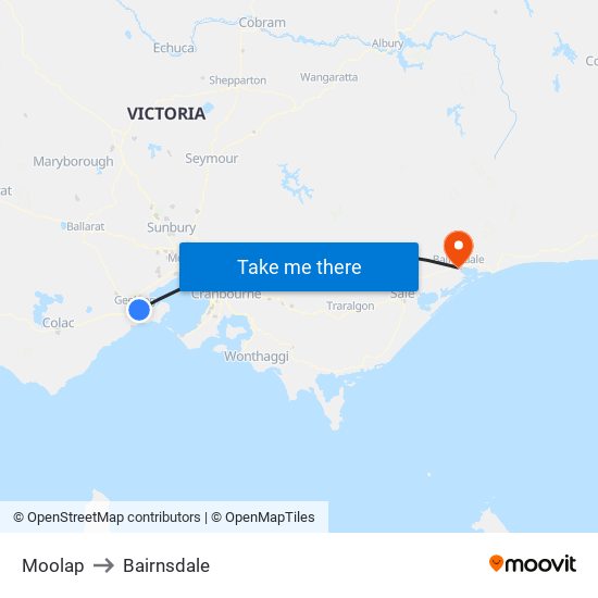 Moolap to Bairnsdale map