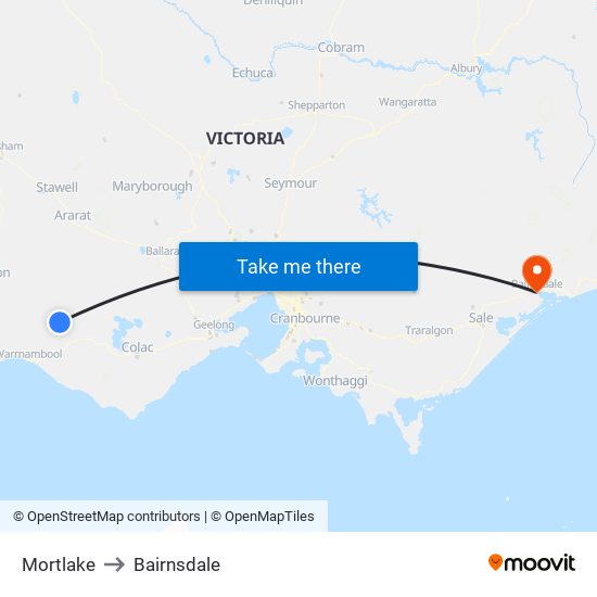 Mortlake to Bairnsdale map
