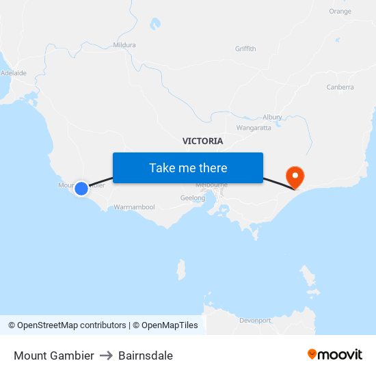 Mount Gambier to Bairnsdale map