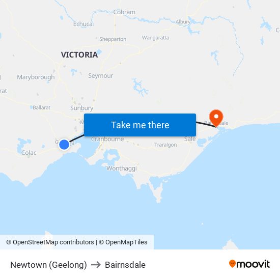 Newtown (Geelong) to Bairnsdale map