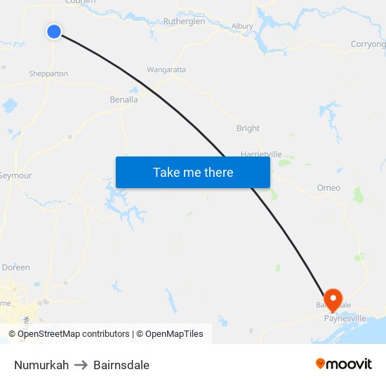 Numurkah to Bairnsdale map