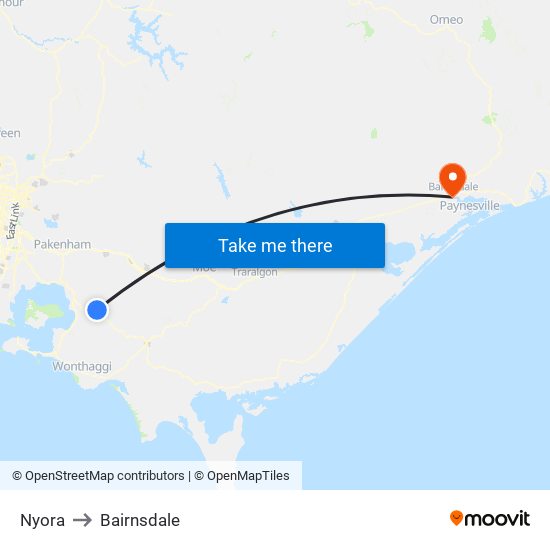 Nyora to Bairnsdale map