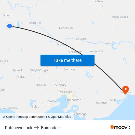 Patchewollock to Bairnsdale map