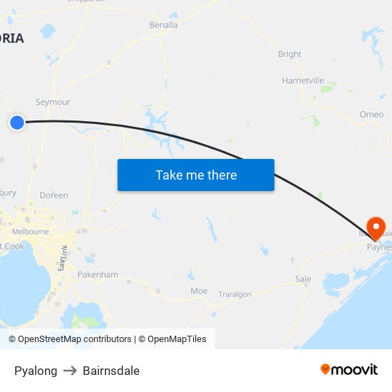 Pyalong to Bairnsdale map