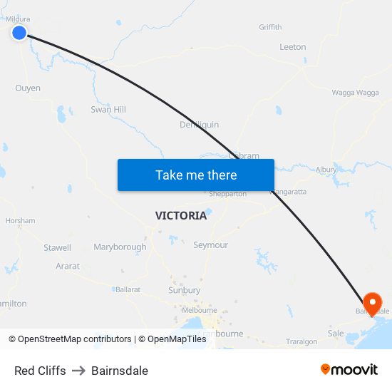 Red Cliffs to Bairnsdale map