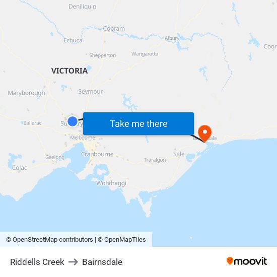 Riddells Creek to Bairnsdale map