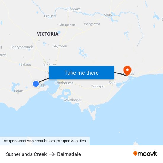 Sutherlands Creek to Bairnsdale map