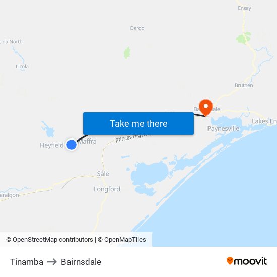 Tinamba to Bairnsdale map