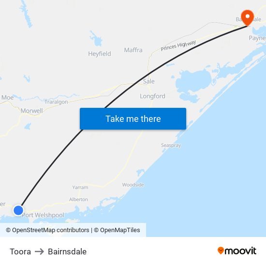 Toora to Bairnsdale map