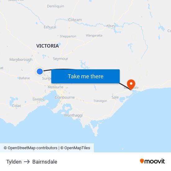 Tylden to Bairnsdale map