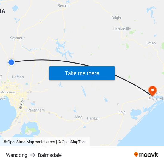 Wandong to Bairnsdale map