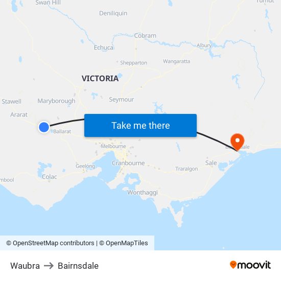 Waubra to Bairnsdale map