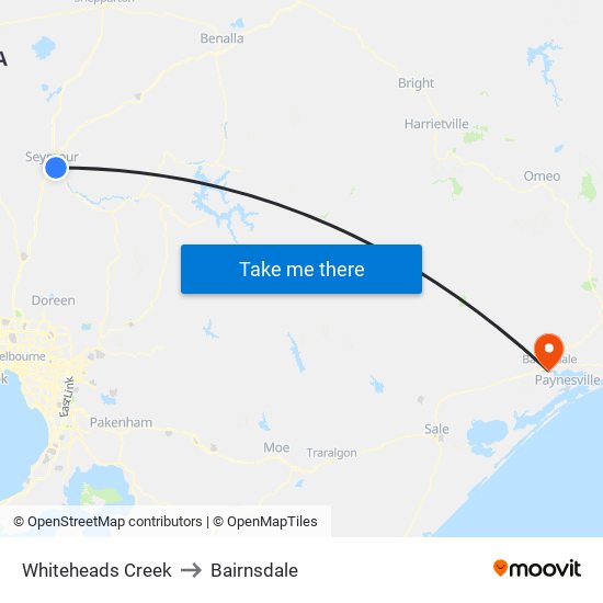 Whiteheads Creek to Bairnsdale map