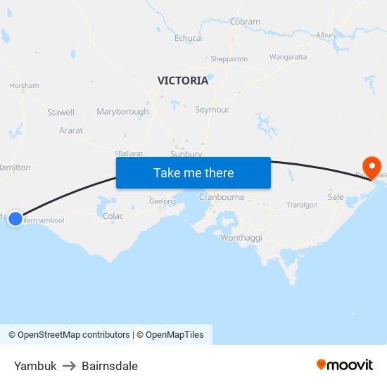 Yambuk to Bairnsdale map