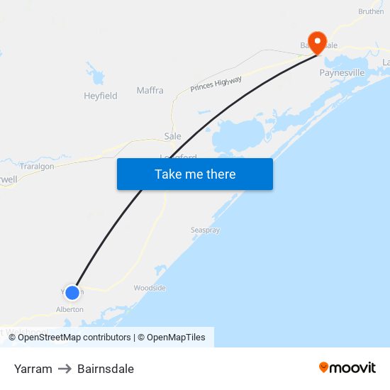 Yarram to Bairnsdale map