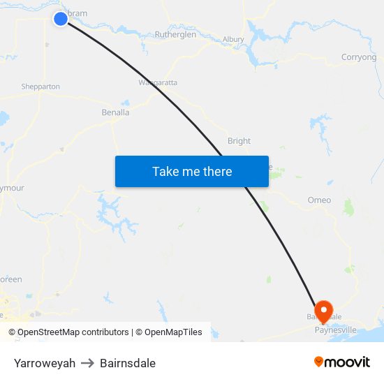 Yarroweyah to Bairnsdale map