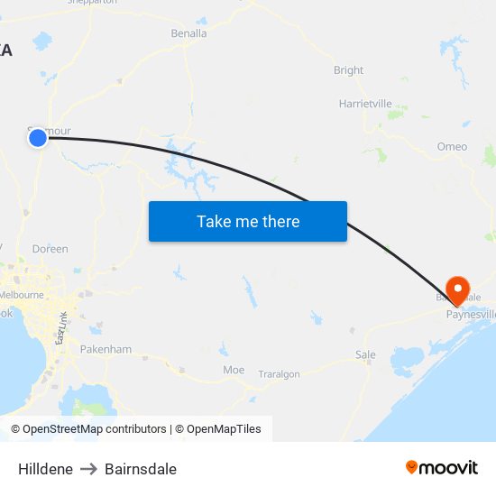 Hilldene to Bairnsdale map