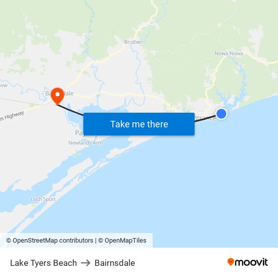 Lake Tyers Beach to Bairnsdale map