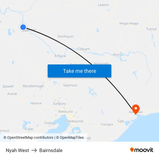 Nyah West to Bairnsdale map