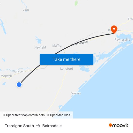 Traralgon South to Bairnsdale map