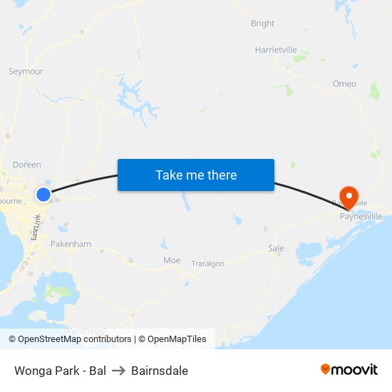 Wonga Park - Bal to Bairnsdale map