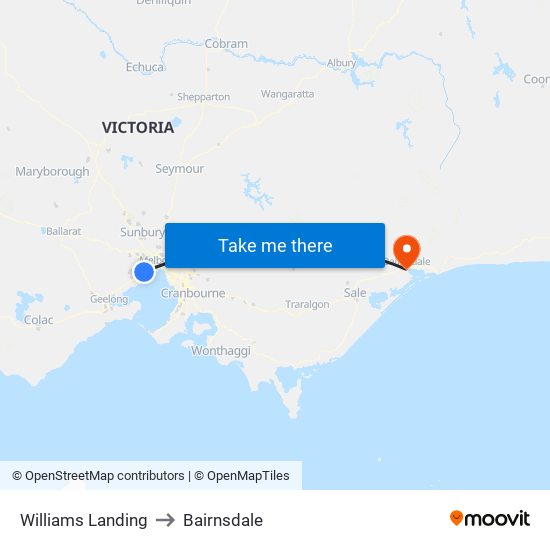 Williams Landing to Bairnsdale map