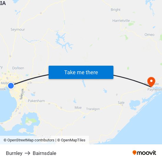 Burnley to Bairnsdale map