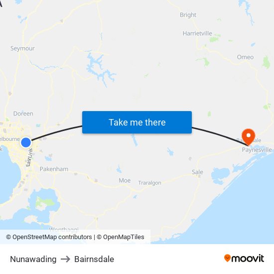 Nunawading to Bairnsdale map