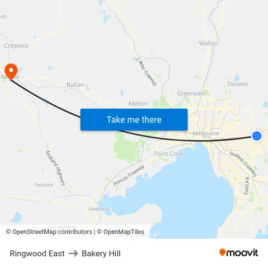 Ringwood East to Bakery Hill map