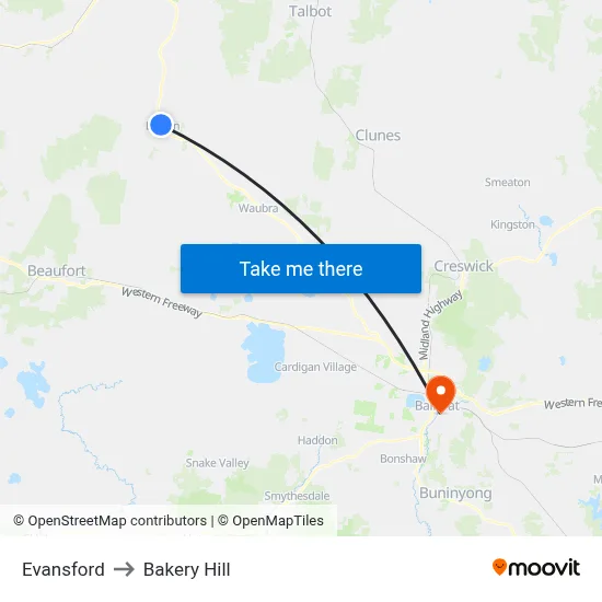 Evansford to Bakery Hill map