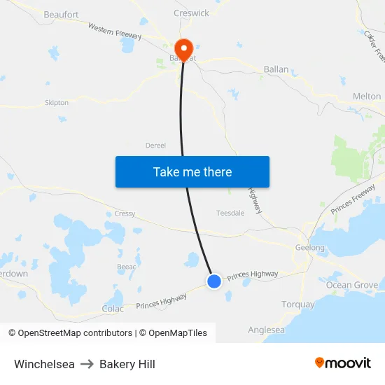 Winchelsea to Bakery Hill map
