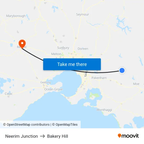 Neerim Junction to Bakery Hill map
