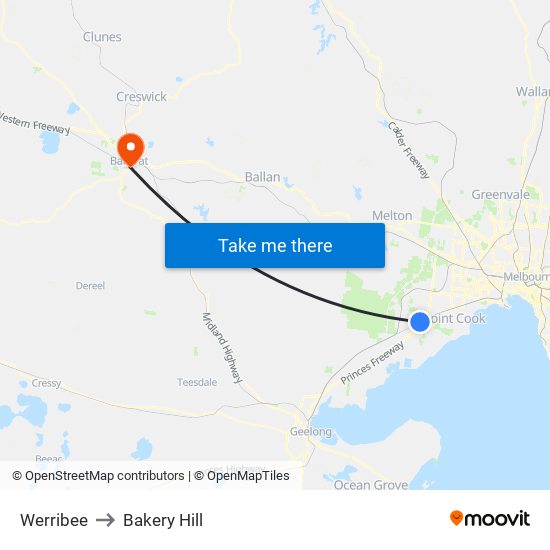 Werribee to Bakery Hill map