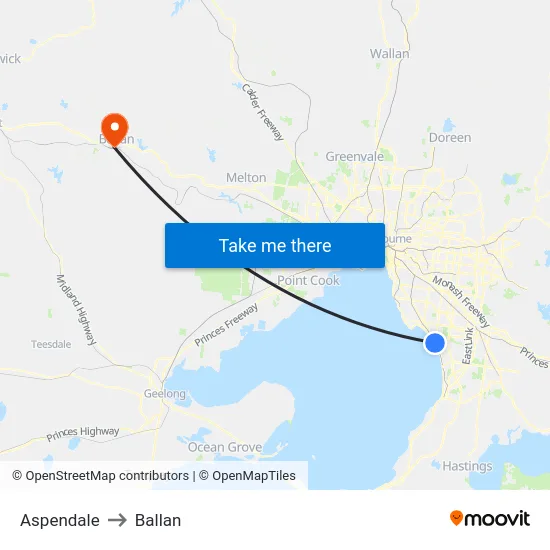 Aspendale to Ballan map
