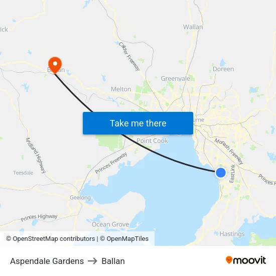Aspendale Gardens to Ballan map