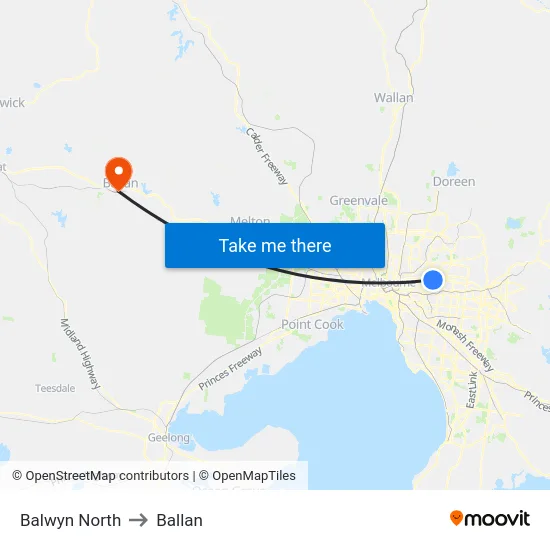 Balwyn North to Ballan map
