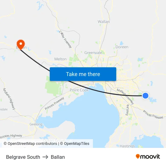 Belgrave South to Ballan map