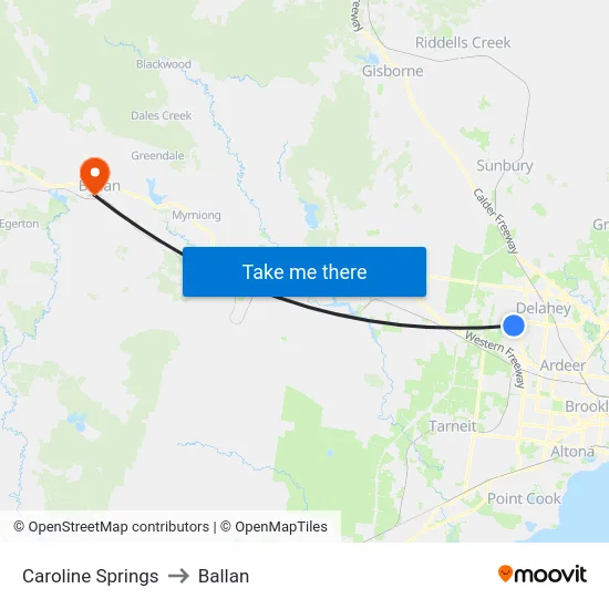 Caroline Springs to Ballan map