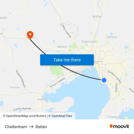 Cheltenham to Ballan map