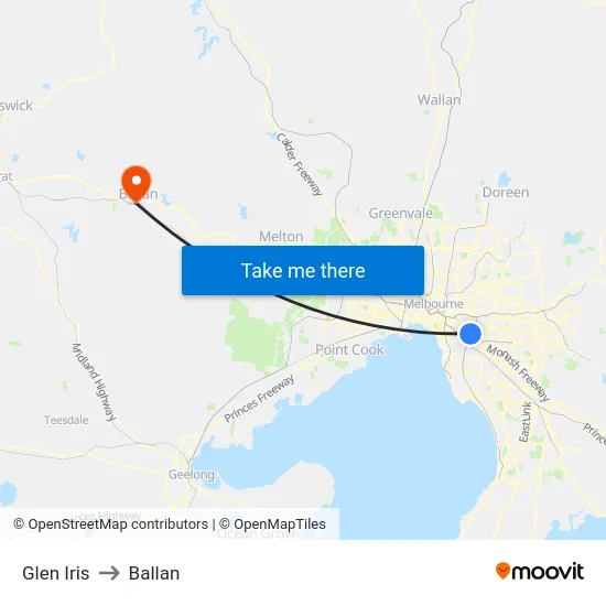 Glen Iris to Ballan map