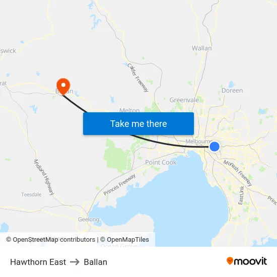 Hawthorn East to Ballan map