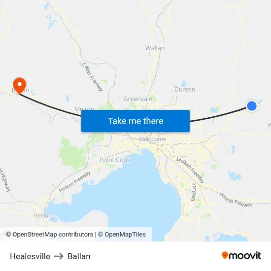 Healesville to Ballan map