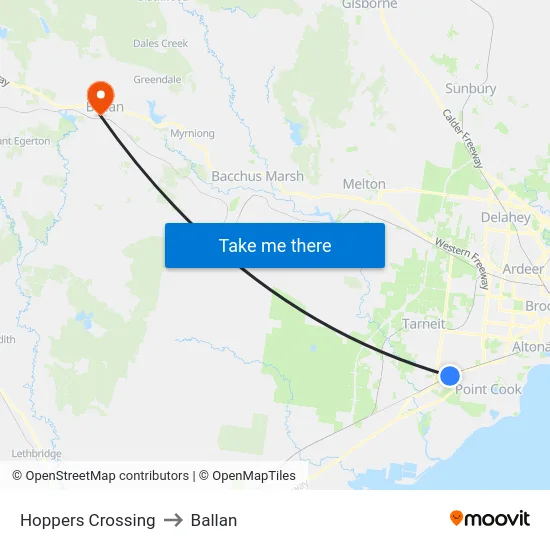 Hoppers Crossing to Ballan map