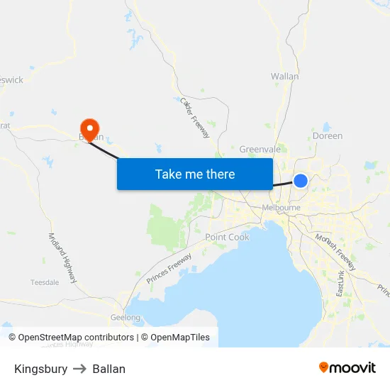 Kingsbury to Ballan map